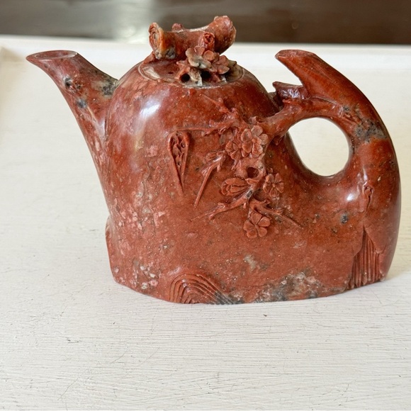 Vintage Chinese Natural Red Shoushan Stone Carved Cherry Tree Blossom Teapot - Picture 2 of 16